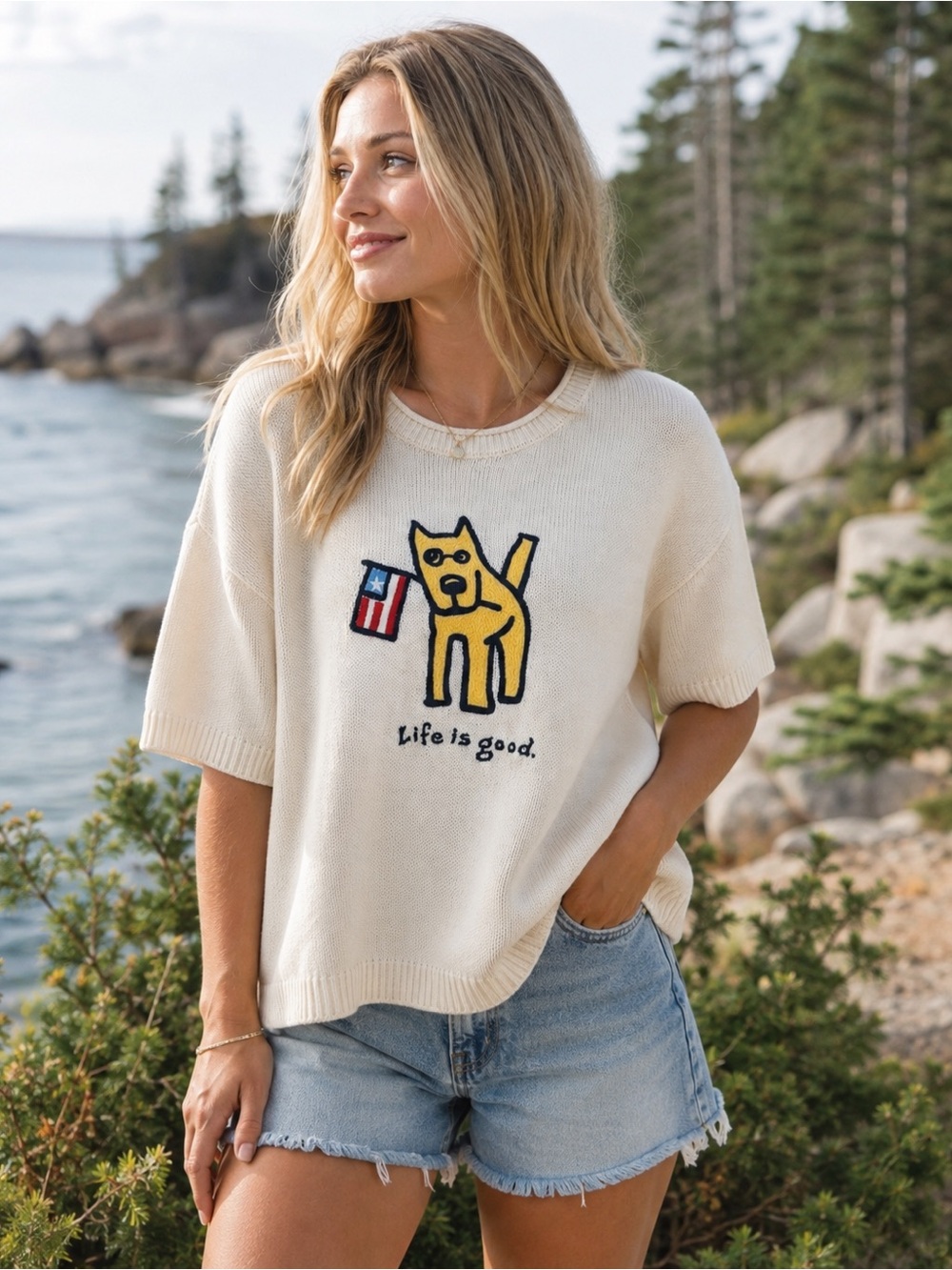 Life Is Good Cream Knit Short Sleeve Dog Flag Sweater Top L Dog Lover Americana